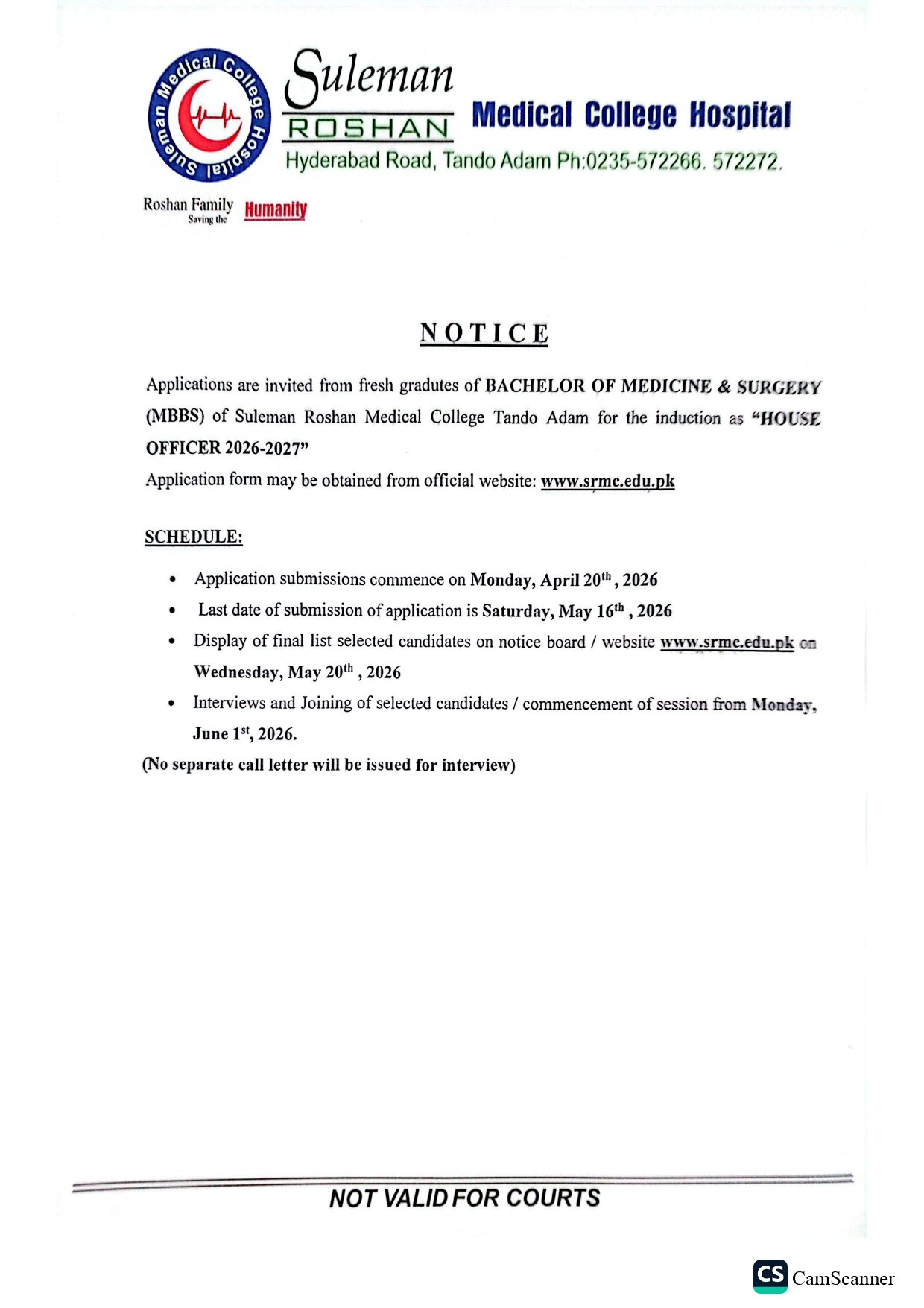 House Officer Advertisement 2026-27